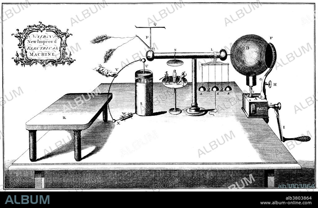 Edward Nairne (1726 - September 1, 1806) was English optician and scientific instrument maker. He patented several electrical machines, including an electrostatic generator consisting of a glass cylinder mounted on glass insulators; the device can supply either positive or negative electricity, and was intended for medicinal use. He was a regular contributor to the Philosophical Transactions of the Royal Society of London, and was elected a fellow in 1776. He enjoyed an extensive international reputation, and was in correspondence with Benjamin Franklin for whom he made a set of magnets and a telescope around 1758. Nairne prepared neatly-fitted traveling cases for lecture on electricity. This illustration appeared in "Directions for Using the Electrical machine as Made and Sold by E. Nairne", 1773.