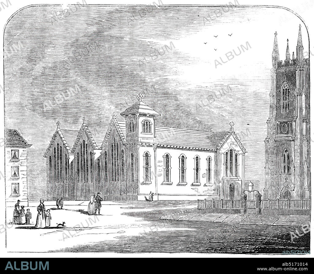 St. George's Schools, Sheffield, 1844. 'These buildings, of which the first stone has been so auspiciously laid, are to consist of three separate schools, with suitable classrooms. The Girls' School, fronting St. George's Church; the Infants' School, forming the centre division, and fronting Beet-street and Siddal-street...There will also be comfortable dwelling houses for the master and mistress; the basement of the building being occupied by library, soup kitchen, play-grounds, &c....The design of the building has been furnished, and the work will be carried out under the able superintendence of Messrs.Worth and Frith, architects'. From "Illustrated London News", 1844, Vol V.