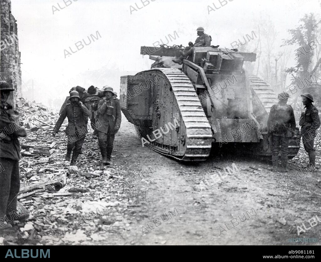 British Tanks rapidly fell victim to breakdowns and German gunfire. A surviving Mark IV tank on the Amiens Road on 10 August 1918.