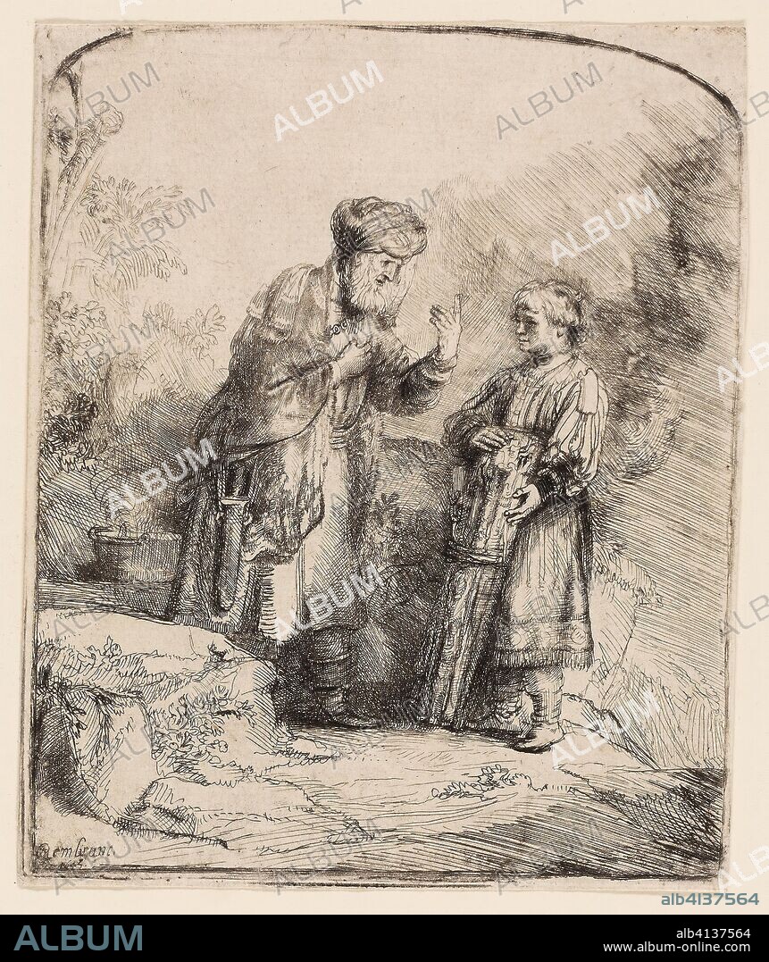 REMBRANDT HARMENSZOON VAN RIJN. Abraham and Isaac. Rembrandt van Rijn; Dutch, 1606-1669. Date: 1645. Dimensions: 156 x 128 mm (image/plate); 159 x 131 mm (sheet). Etching and drypoint on white laid paper. Origin: Holland.