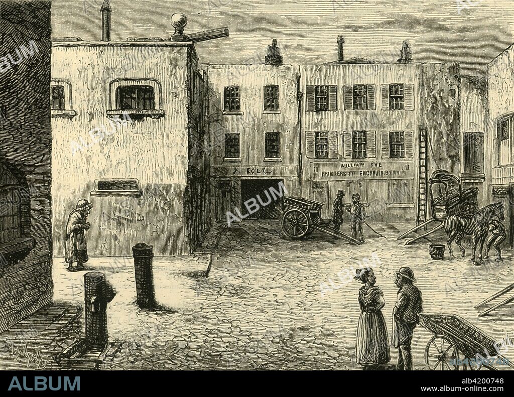 'Bleeding Heart Yard', c1872. Cobbled courtyard off Greville Street in Farringdon, City of London. Some sources claim that the courtyard's name commemorates the murder of Lady Elizabeth Hatton, second wife of Sir William Hatton, whose family formerly owned the area around Hatton Garden. It is said that her body was found here on 27 January 1646, 'torn limb from limb, but with her heart still pumping blood'. The yard also features in Little Dorrit by Charles Dickens. From Old and New London, Vol. II: A Narrative of Its History, Its People, and Its Places, by Walter Thornbury. [Cassell, Petter, Galpin & Co., London, Paris & New York].