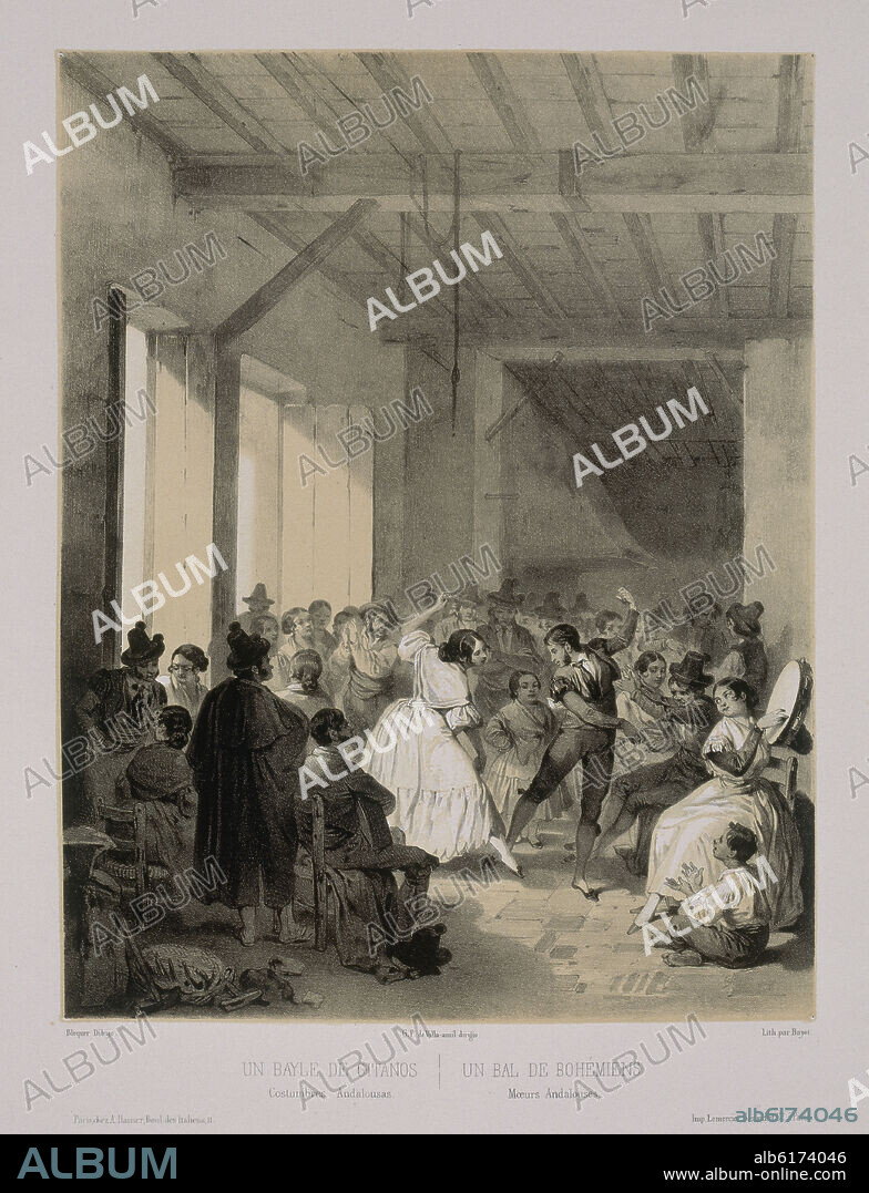 VALERIANO DOMÍNGUEZ BÉCQUER. LITOGRAFIA "BAILE DE GITANOS" DEL LIBRO "ESPAÑA ARTISTICA Y MONUMENTAL" BARCELONA 1865.
