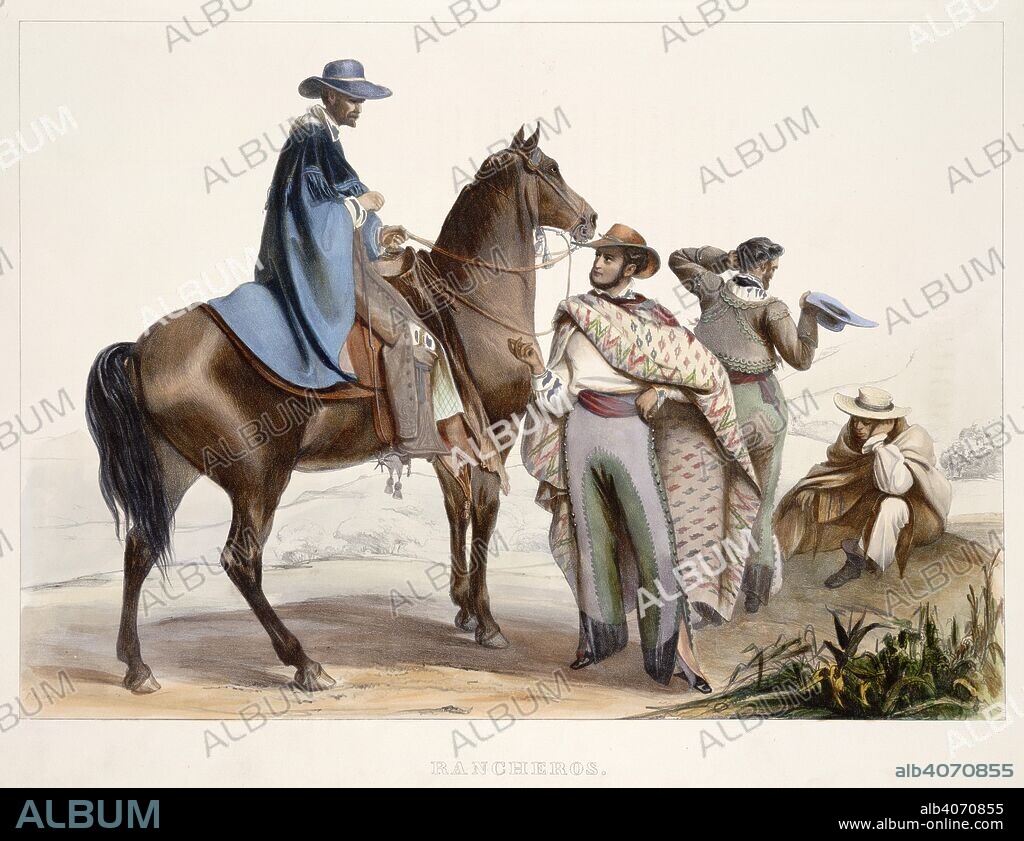 ALEXANDER VON HUMBOLDT and CARL NEBEL. Rancheros. Voyage pittoresque et archeologique dans la partie. Paris, 1836. Rancheros', Cowboys, Mexico. A group of Mexican cowboys rest and talk in a landscape. One is mounted on a horse and another wears a patterned blanket or poncho.  Image taken from Voyage pittoresque et archeologique dans la partie la plus interessante du Mexique, (Picturesque and archaeological journey in the most interesting part of Mexico).  Originally published/produced in Paris, 1836. . Source: 648.c.1,. Language: French.