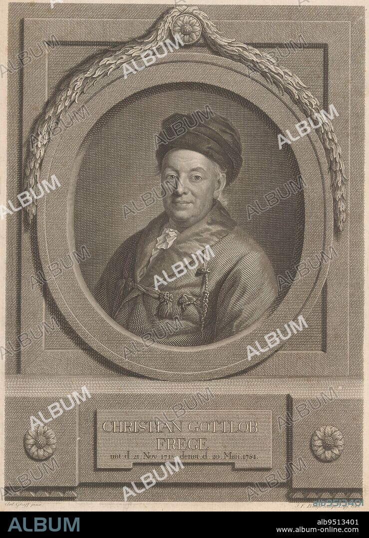 Portrait of Christian Gottlob Frege, Johann Friedrich Bause, after Anton Graff, 1782, print maker: Johann Friedrich Bause, (mentioned on object), after: Anton Graff, (mentioned on object), Leipzig, 1782, paper, engraving, etching, h 286 mm × w 207 mm.