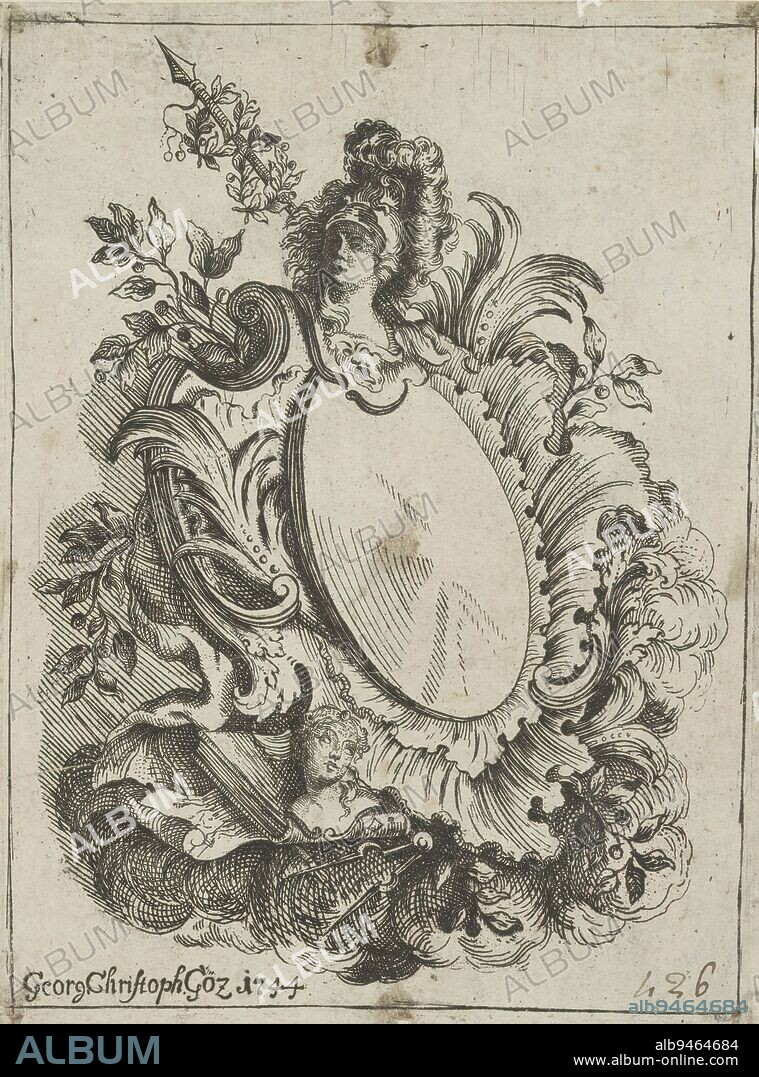 Rocaille cartouche with Minervak head, Design for oval rocaille cartouche with minervak head, spear, woman's head and compass., print maker: Georg Christoph Götz, (mentioned on object), after print by: Jacques de La Joue (II), (possibly), 1744, paper, etching, height 163 mm × width 122 mm.