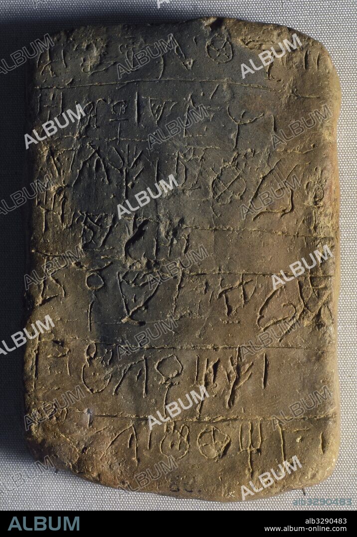 Clay tablet. Linear A. Writing system: hieroglyphic script. Minoan civilization. 2500-1450 BC. Knossos Palace. Crete. Greece. Archeological Museum of Heraklion. Crete. Greece.