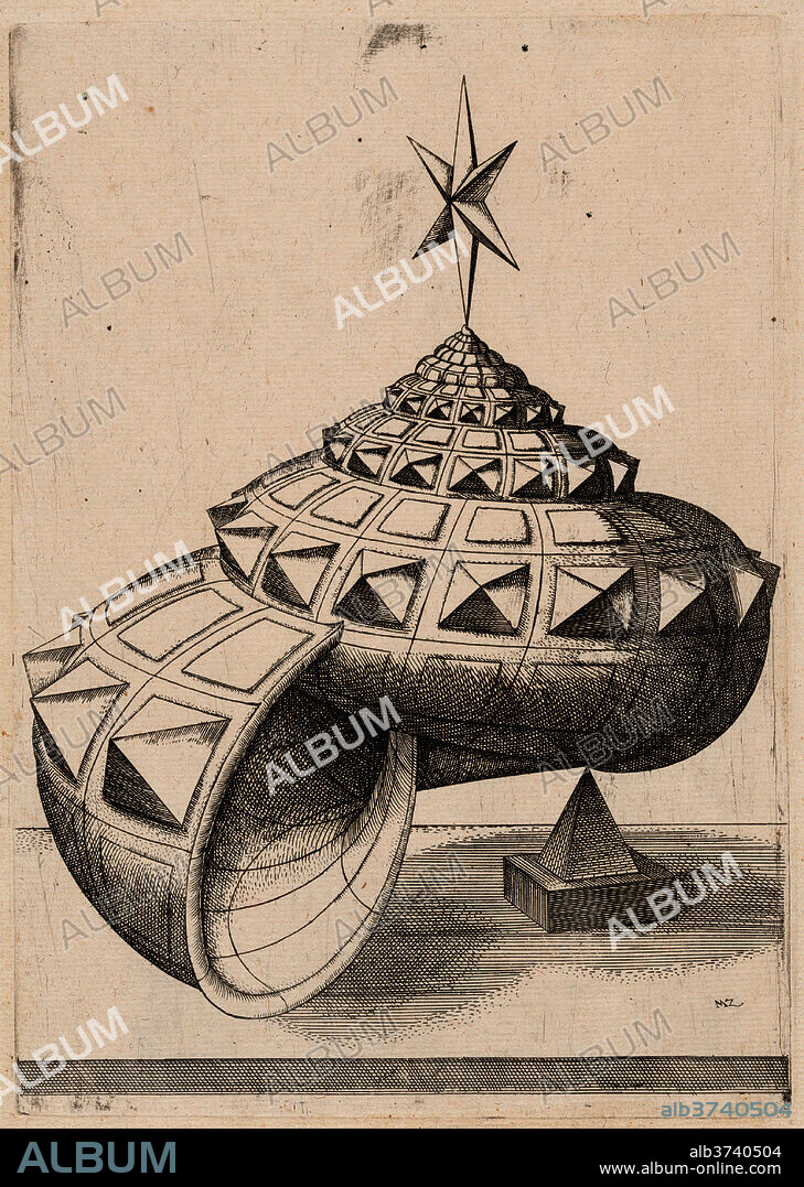 MATHIS ZÜNDT, AFTER HANS LENCKER. A Perspective of a Faceted Snail Shell Balanced on a Pyramid. Dated: 1567. Dimensions: plate: 23.6 × 25.2 cm (9 5/16 × 9 15/16 in.)  sheet: 26.7 × 28.4 cm (10 1/2 × 11 3/16 in.). Medium: etching on laid paper.