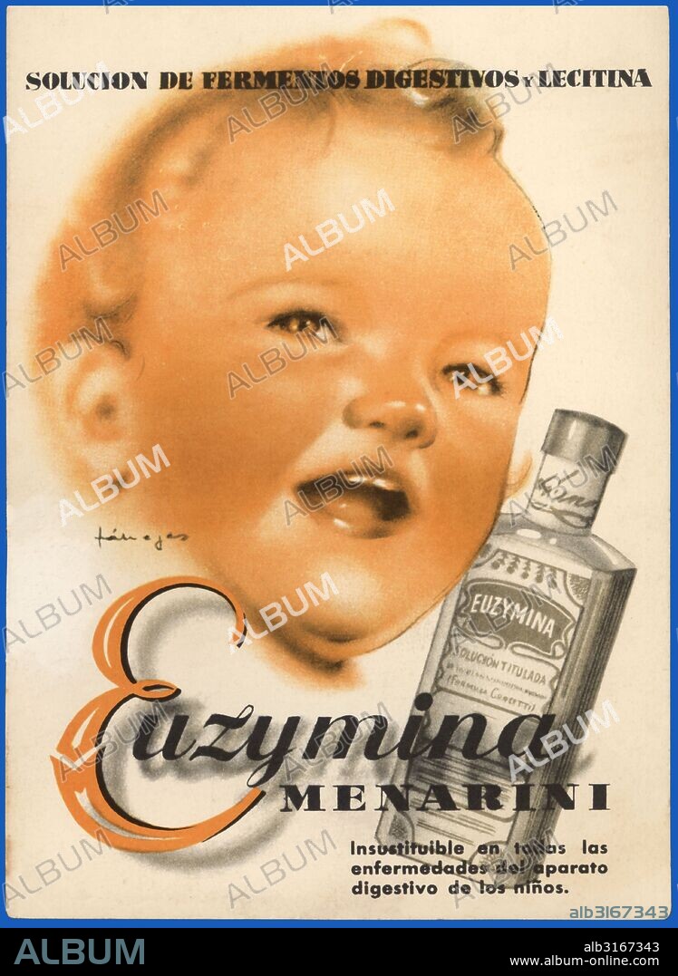 Publicidad farmacéutica. Euzymina Menarini, solución de fermentos digestivos. Años 1950.