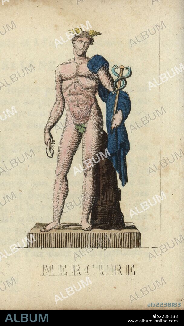 Mercury, Roman messenger of the gods, with winged helmet, figleaf, holding a caduceus (staff with two entwined serpents). Handcoloured copperplate engraving engraved by Jacques Louis Constant Lacerf after illustrations by Leonard Defraine from "La Mythologie en Estampes" (Mythology in Prints, or Figures of Fabled Gods), Chez P. Blanchard, Paris, c.1820.