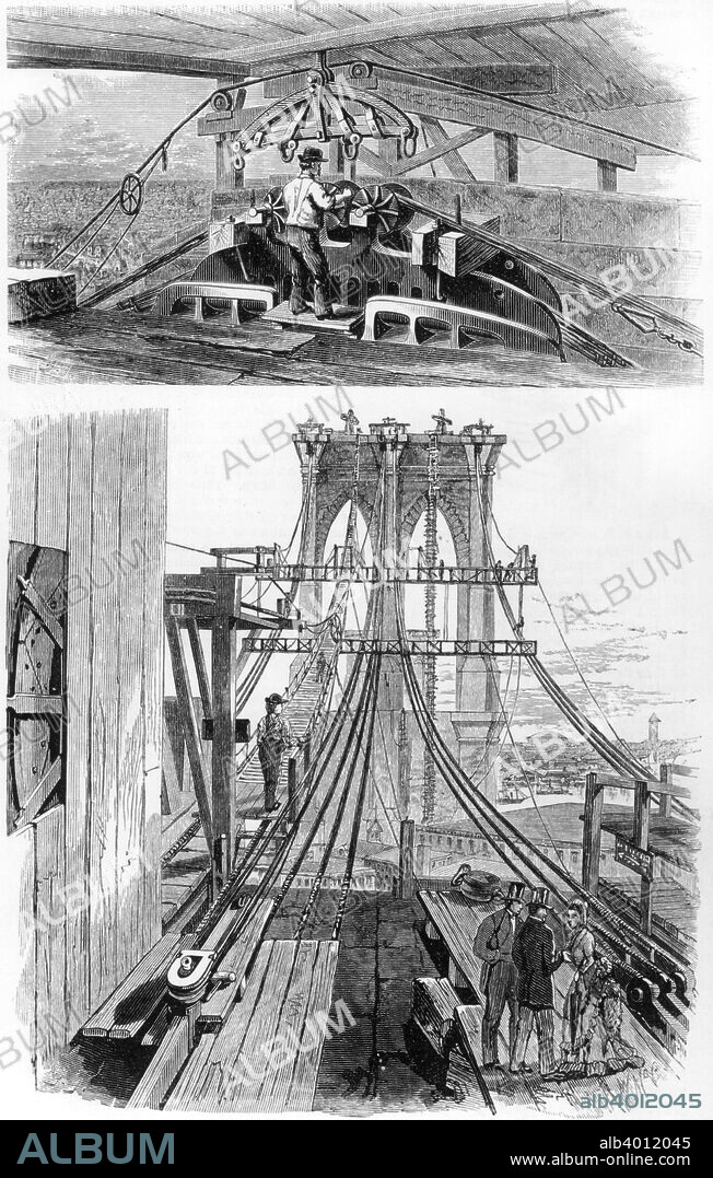 Construction of the Brooklyn Suspension Bridge, New York, USA, 1880. Top: laying cable - view of saddle and yoke at the top of one of the towers. Bottom: the bridge during construction. On the left is a drum from which wire is being drawn. After delivery from the factory, the wire was dipped in oil, dried in the air, then dipped again, until a coat of hardened grease had been built up. Designed by John Augustus Roebling (1806-1869) this suspension bridge over the East River was heralded as one of the most important construction projects of the 19th century. When completed in 1883 it was the longest suspension bridge in the world. Roebling died of tetanus in 1869 after his foot was crushed in an accident during construction. His son, Washington (1837-1926), took over as chief engineer, and saw the project to its successful conclusion with the assistance of his wife Emily after Washington himself was incapacitated by an attack of the bends suffered while working below the river bed. From Appleton's Cyclopaedia of Applied Mechanics (New York, 1880).