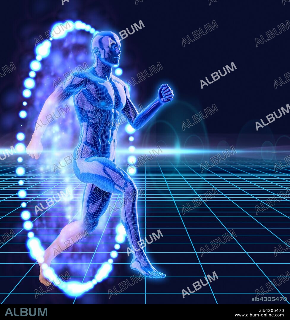 Anatomical man breaking through illuminated barrier.