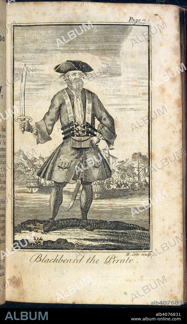 JOHNSON, CAPTAIN CHARLES, PSEUD. y B COLE. Blackbeard the Pirate. A General History of the Pyrates, from their first. London, 1725. Edward Teach (d. 1718 ), known as Blackbeard. Portrait.  Image taken from A General History of the Pyrates, from their first rise and settlement in the Island of Providence, to the present time. To which is added, a short abstract of the statute and civil law in relation to Pyracy.  Originally published/produced in London, 1725. . Source: 276.i.4, 70.