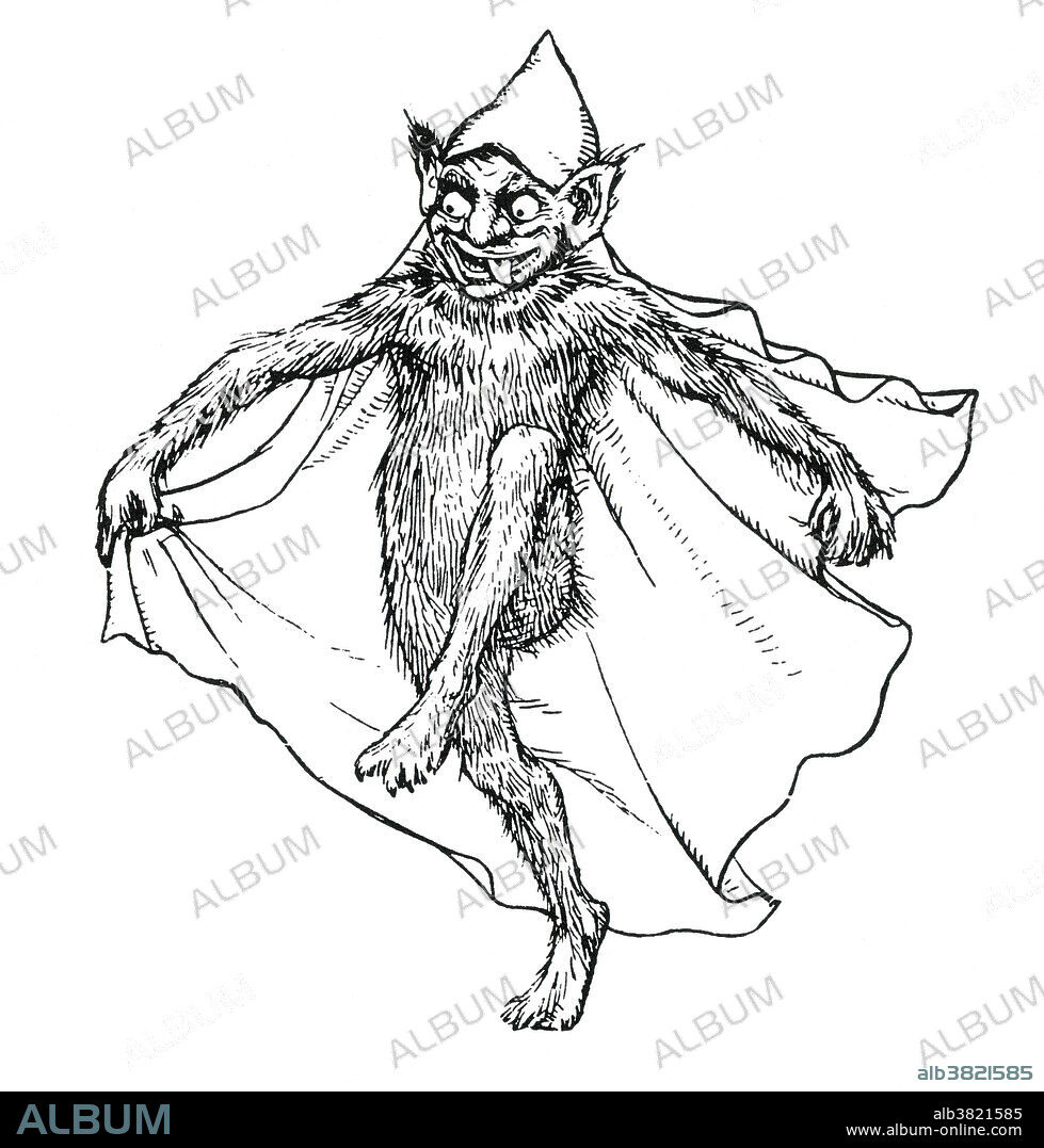 A brownie is a legendary creature popular in folklore around Scotland and England. It is the Scottish and Northern English counterpart of the Scandinavian tomte, the Slavic domovoi and the German Heinzelmannchen. In folklore, a brownie resembles the hob, similar to a hobgoblin and is sometimes described as an industrious fairy. Brownies are said to inhabit houses and aid in tasks around the house. However, they do not like to be seen and will only work at night, traditionally in exchange for small gifts of food. Among food, they especially enjoy porridge and honey. They usually abandon the house if their gifts are called payments, or if the owners of the house misuse them. Brownies make their homes in an unused part of the house. Illustration in Jacob's English Fairy Tales, (1892) unknown illustrator.