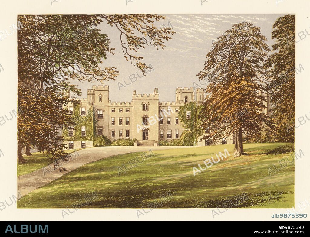 Mulgrave Castle, Yorkshire, England. Castellated mansion built in the 17th century for Lady Catherine Darnley and husband, John Sheffield, 1st Duke of Buckingham. Current home of Constantine Edmund Walter Phipps, 5th Marquess of Normanby. Colour woodblock by Benjamin Fawcett in the Baxter process of an illustration by Alexander Francis Lydon from Reverend Francis Orpen Morriss Picturesque Views of the Seats of Noblemen and Gentlemen of Great Britain and Ireland, William Mackenzie, London, 1880.