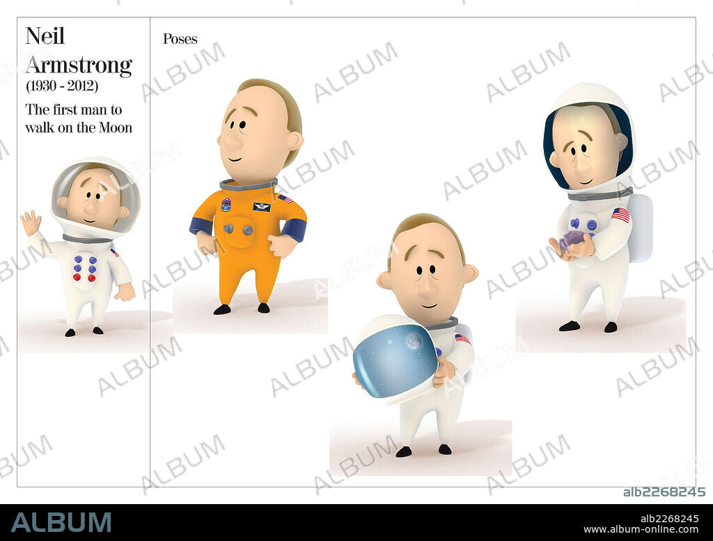 Neil Armstrong. Ilustraciones posturales de Neil Armstrong, el primer hombre en pisar la Luna (1930-2012).