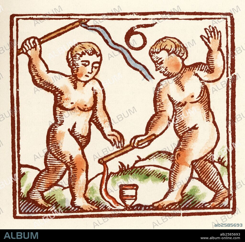 Auca dels Jocs de la Mainada. Juegos y entretenimientos infantiles del siglo XVIII. El Trompitxo. Juego parecido a la peonza; el objeto gira gracias a pequeños latigazos.