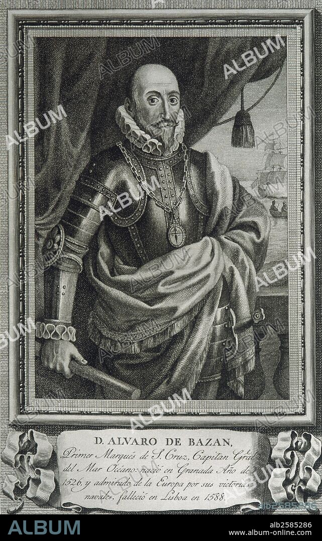 BAZAN, Alvaro de (primer Marqués de Santa Cruz) (Granada 1526-Lisboa,1588). Marino español. En 1556 fue nombrado capitán general de las Galeras de Nápoles y poco después Felipe II le concedió el título de Marqués. Dirigió la toma de Túnez. En Lepanto mandó las naves de reserva. Fue nombrado jefe de la "Armada Invencible" en 1588. Grabado.