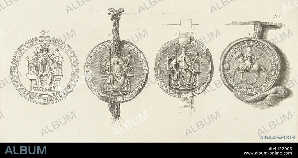 Medal and three stamps with William II, Medal and two stamps with William II as king of the Holy Roman Empire on throne. The third seal shows Willem II as a young count of Zeeland and Holland during the hunt., Coin, seal (as symbol of the state, etc.), Willem II (count of Holland), Abraham Delfos, Leiden, 1741 - 1820, paper, etching, h 208 mm × w 425 mm.