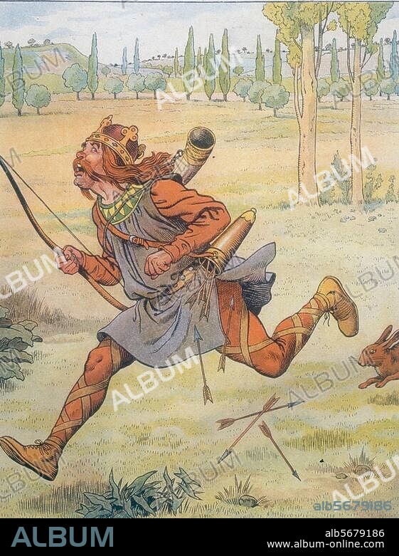 Musique / Chanson enfantine / -"Le bon roi Dagobert chassait dans la plaine d'Anvers; Le grand saint Eloi lui dit: 'O mon roi! Votre Majesté est bien essoufflé. C'est vrai, lui dit le roi; un lapin courait après moi.'" (Illustration pour Le roi Dagobert). Litho. coul. de Job (1858-1931). In : Job et Faguet, Le Roi Dagobert. Paris, Collection particulière.