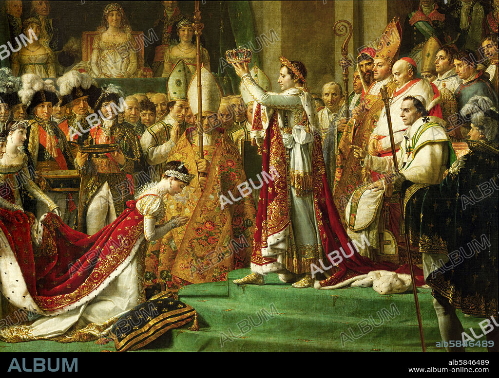 JACQUES LOUIS DAVID. The coronation of Emperor Napoleon I Bonaparte. Oil on canvas (1806-1807) -621 x 979 cm Detail: Josephine, Napoleon, Cardinal Fesch and Pope Pius VII. In center back " Mme. Mere", Laetizia Bonaparte, who, in reality, was not present.
