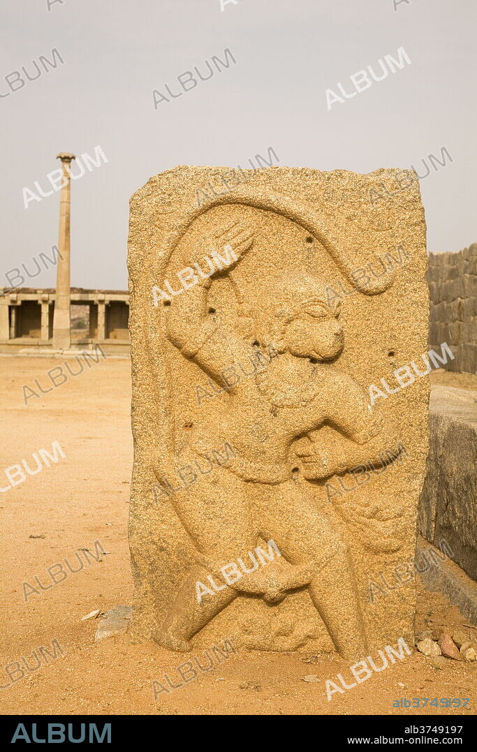 A bas relief tablet showing the Hindu monkey god Hanuman, Hampi, UNESCO World Heritage Site, Karnataka, India, Asia.