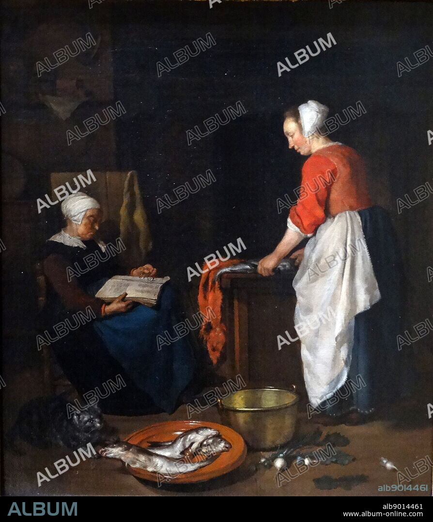 Painting titled 'An Old Woman Asleep' by Gabriël Metsu (1628-1667) Dutch painter of history paintings, still lifes, portraits and exquisite genre works. Dated 17th Century.