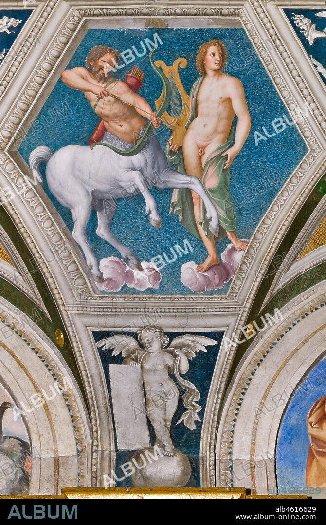 Rome, Villa Farnesina, the Loggia of Galatea, detail of the vault: "Apollo and a Centaur", and the astrological sign of the Sagittarius. Fresco by Baldassarre Peruzzi (1511).