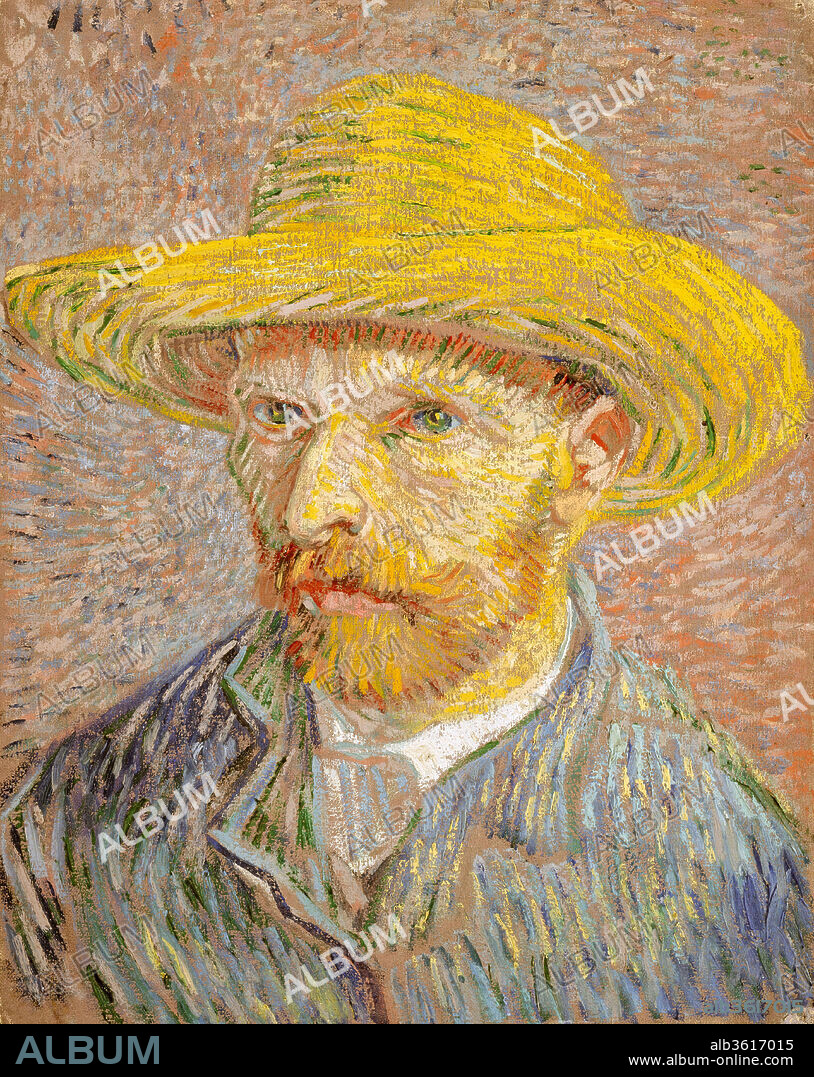 Self-Portrait with a Straw Hat (obverse: The Potato Peeler). Artist: Vincent van Gogh (Dutch, Zundert 1853-1890 Auvers-sur-Oise). Dimensions: 16 x 12 1/2 in. (40.6 x 31.8 cm). Date: 1887.
Van Gogh produced more than twenty self-portraits during his Parisian sojourn (1886-88). Short of funds but determined nevertheless to hone his skills as a figure painter, he became his own best sitter: "I purposely bought a good enough mirror to work from myself, for want of a model." This picture, which shows the artist's awareness of Neo-Impressionist technique and color theory, is one of several that are painted on the reverse of an earlier peasant study.