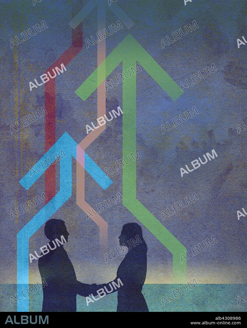 Rising arrows behind businessman and businesswoman shaking hands.