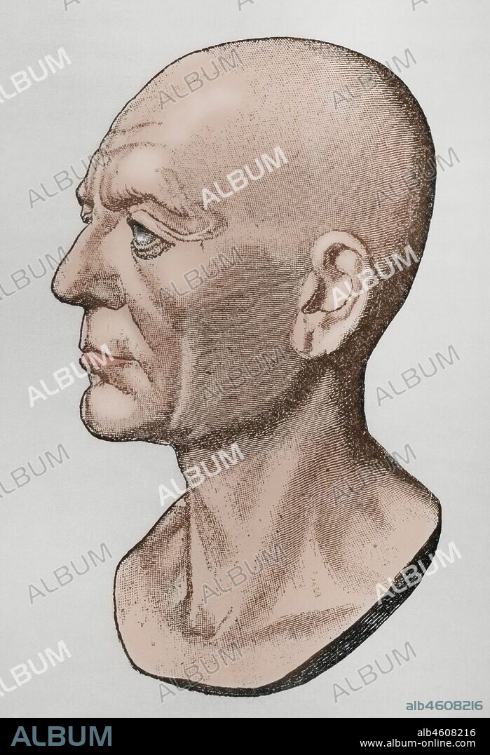 Escipión el Africano o Publio Cornelio Escipión Africano (236 a. C. -183 a. C.). Político romano de época Republicana y general durante la Segunda Guerra Púnica. Retrato. Grabado. "Museo Militar del Ejército Español". Tomo I. Evaristo Ullastres Editor. Coloreado.
