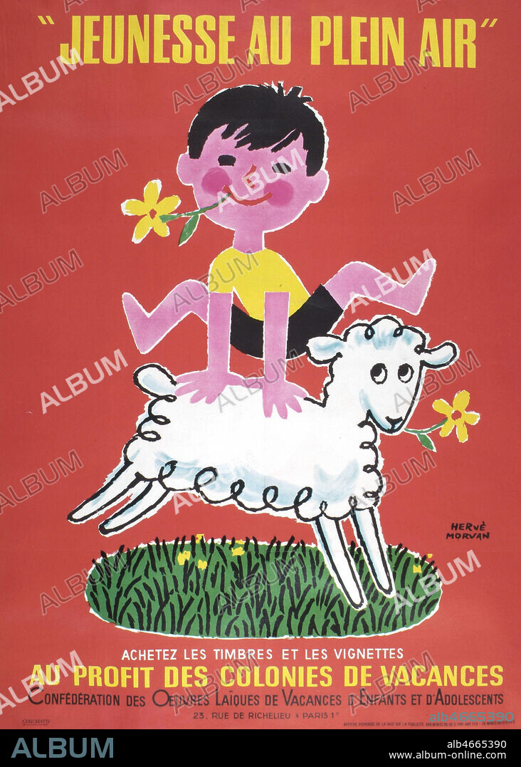 Affiche 'Jeunesse au plein air' sur les colonies de vacances (enfant jouant a saute mouton. Affiche de 1954 d'Herve Morvan (1917-1980) ADAGP. Credit: Collection Grob/KHARBINE-TAPABOR.