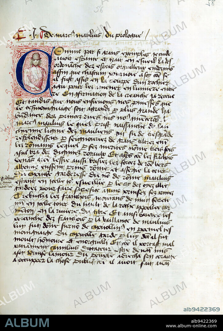Boccaccio's De Casibus Virorum Illustrium (French translation), Initial 'C' with drawing of a man, This manuscript contains Jean (also known as Johannes) Lamelin's abridged, French translation of Giovanni Boccaccio's De Casibus Virorum Illustrium (On the Fates of Famous Men). The contents, including the colophon, are very closely related to the autograph work of 1431 by Lamelin (Paris, Bibliothèque Mazarine, 3880), which is the only other known copy of this text.