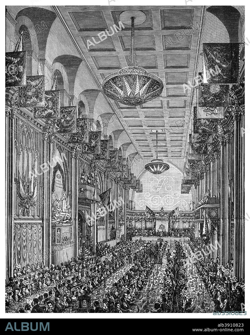 Banquet in the Great Hall for Queen Victoria, Guildhall, City of London, 9th November 1837 (1886). A print from Guildhall of the City of London: Its History and Associations, Corporation of the City of London, 1886.