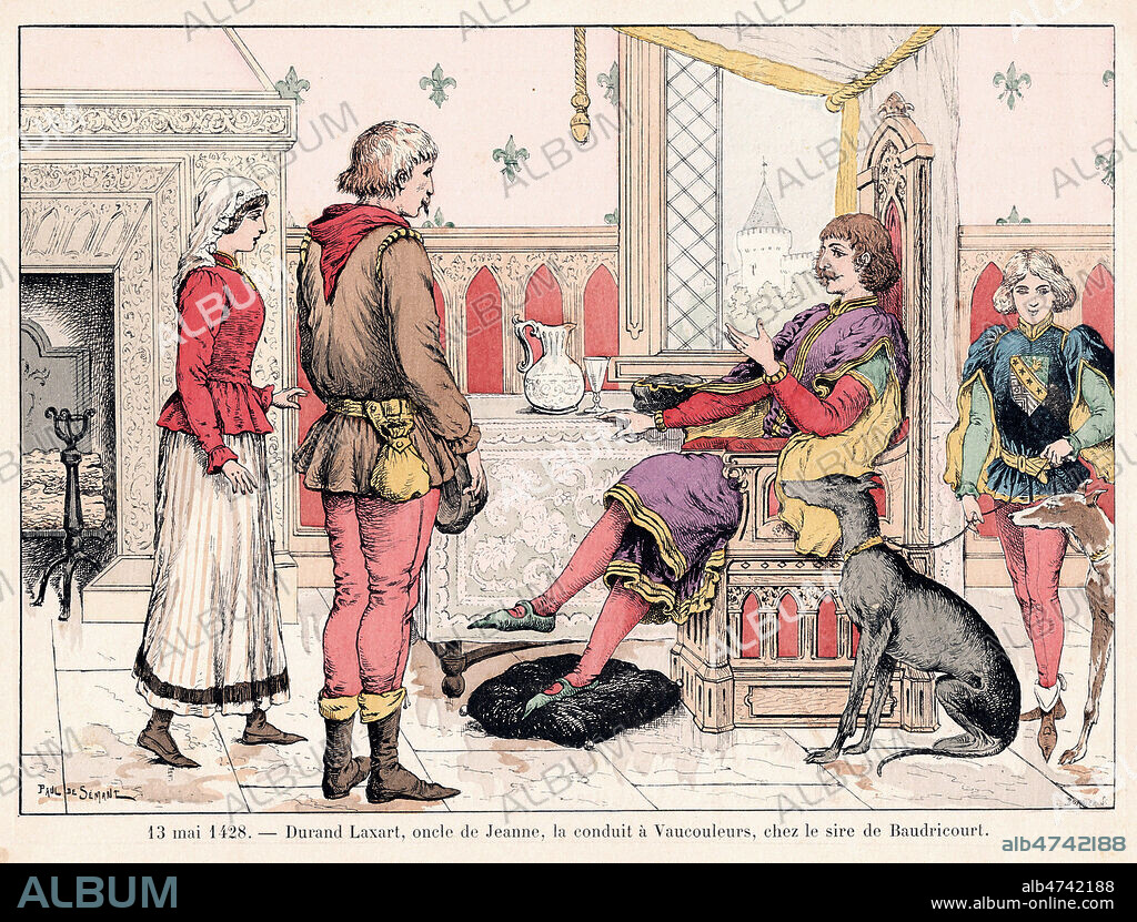 Le 13 mai 1428, Durand Laxart, l'oncle de JEANNE D'ARC, la conduit a Vaucouleurs, chez le sire de Beaudricourt. Illustration vers 1900 de Paul de SEMANT (1855-1915) pour Histoire de Jeanne d'Arc par Theodore CAHU (1854-1928). Credit : Coll. Jonas/KHARBINE-TAPABOR.