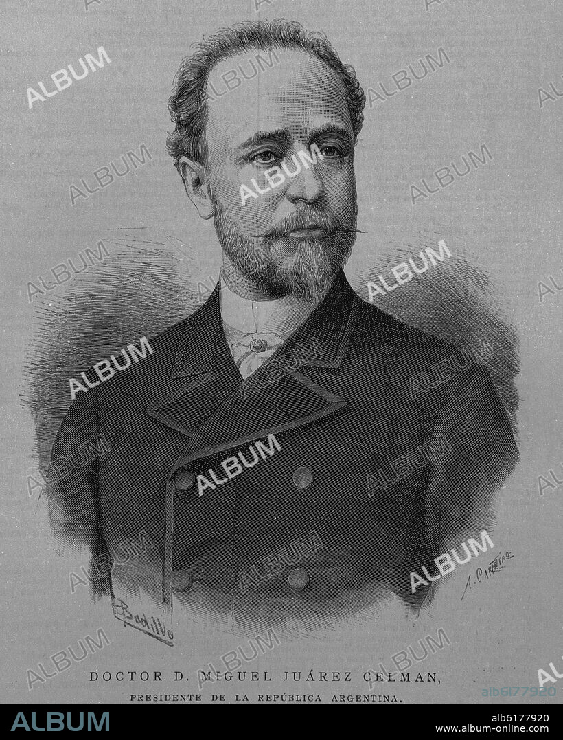 BADILLO. RETRATO DE MIGUEL JUAREZ CELMAN PRESIDENTE DE LA REPUBLICA ARGENTINA - GRABADO S XIX.