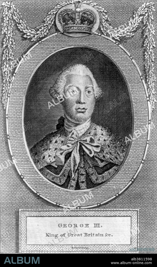 George III (June 4, 1738 - January 29, 1820) was King of Great Britain (1760-1801) and King of the United Kingdom of Great Britain and Ireland until his death. His life and reign, which were longer than any other British monarch before him, were marked by a series of military conflicts involving his kingdoms, much of the rest of Europe, and places farther afield in Africa, the Americas and Asia. Early in his reign, Great Britain defeated France in the Seven Years' War, becoming the dominant European power in North America and India. However, many of Britain's American colonies were soon lost in the American Revolutionary War. In the later part of his life, George III had recurrent, and eventually permanent, mental illness. After a final relapse in 1810, a regency was established, and George III's eldest son, George, Prince of Wales, ruled as Prince Regent. On George III's death, the Prince Regent succeeded his father as George IV. He died in 1820 at the age of 81. Engraving by Robert Pollard, 1782.