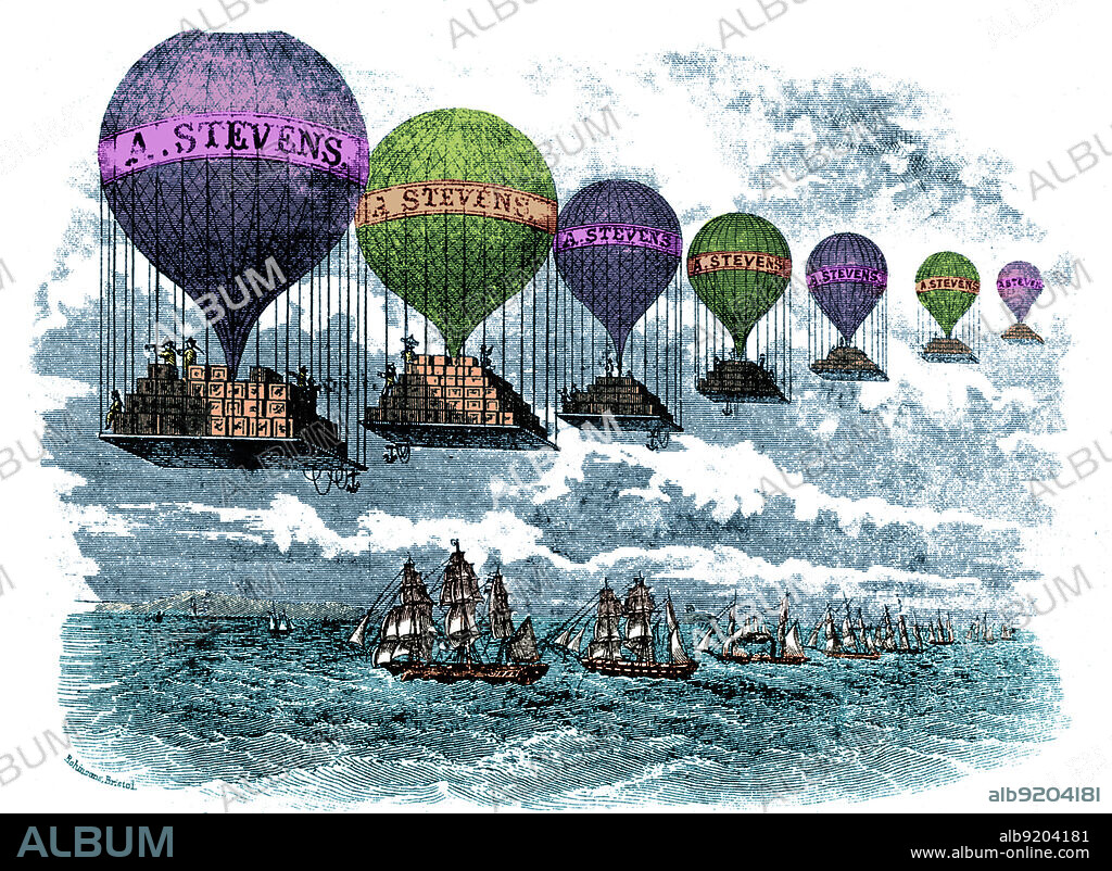 A 19th-century wood engraving of a line of hot-air balloons loaded with boxes, advertising "A. Stevens" and traveling over a line of sailing ships. Color enhanced.