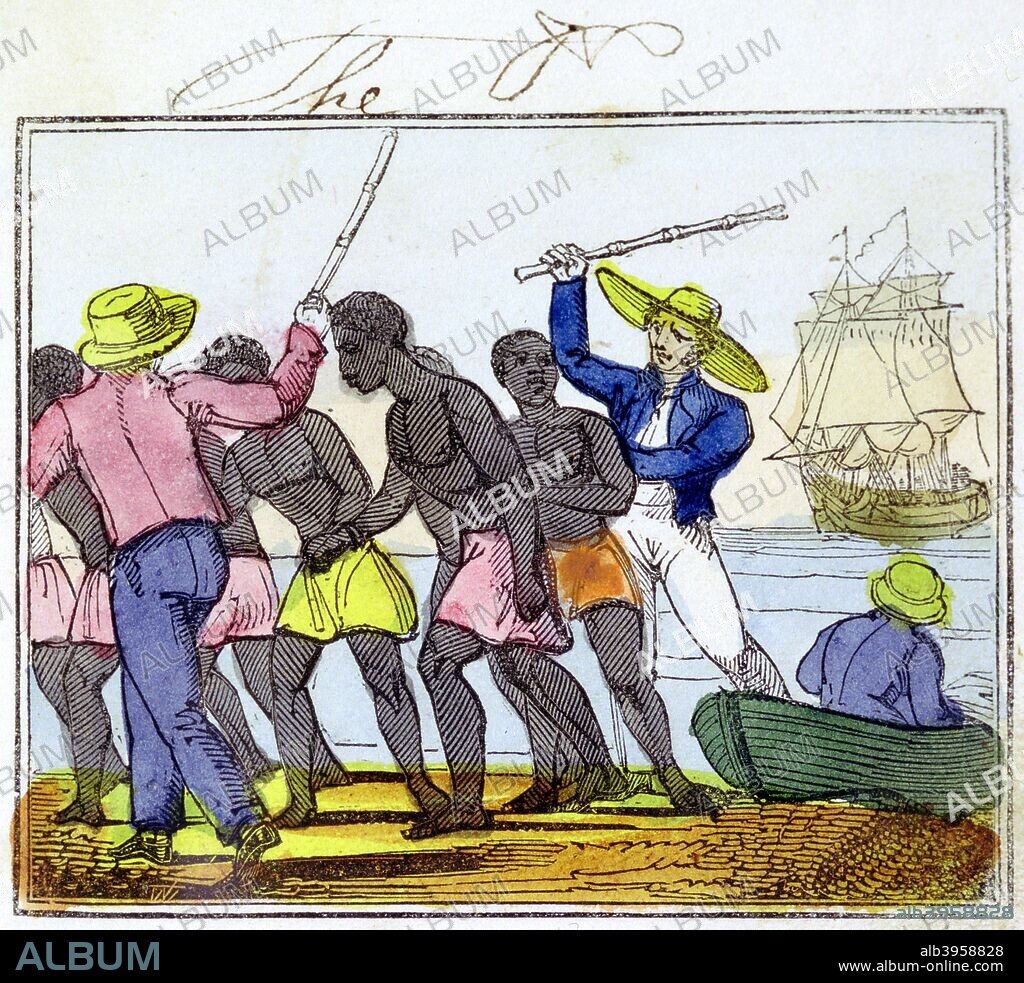 The Landing of Negroes', 1826. Slaves who have survived the dreadful voyage from Africa being unloaded from slave ship at their destination. From The Black Man's Lament; or How to Make Sugar by Amelia Opie. (London, 1826).