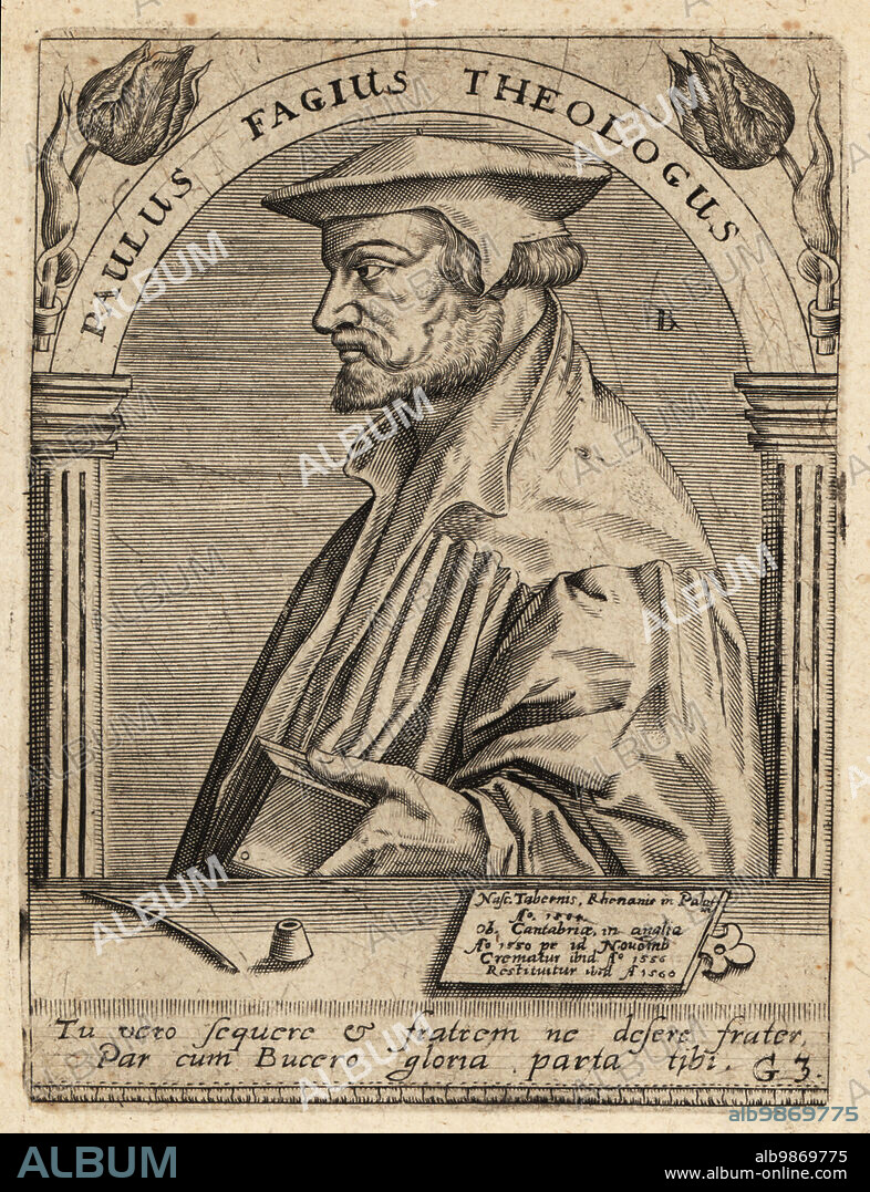 Paul Fagius, 1504-1549, Renaissance scholar of Biblical Hebrew and Protestant reformer. Paulus Fagius Theologus. Copperplate engraving by Johann Theodore de Bry from Jean-Jacques Boissards Bibliotheca Chalcographica, Johann Ammonius, Frankfurt, 1650.