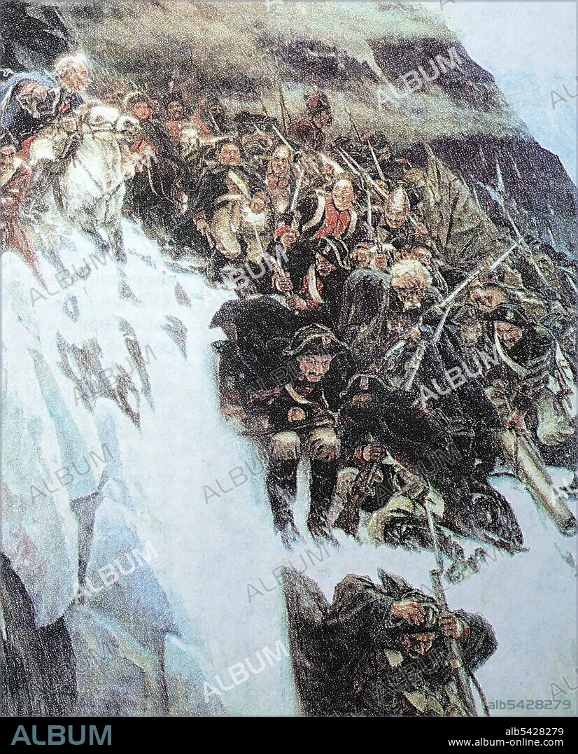 Suvorov Crossing the Alps in 1799 by Vasily Surikov; 1899. Count Alexander Suvorov (1729-1800) was a Russian field marshal who commanded a Russo-Austrian force in Italy in 1799. Ordered to relieve Russian troops in Switzerland, he famously marched across the Alps.