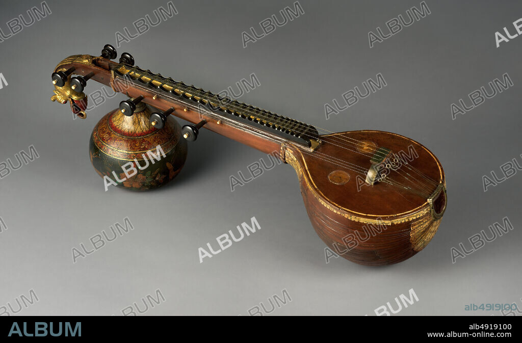 Vina (), Indian, late 18th century, India, Indian, jackwood, gold leaf, papier-mâché, bone, steel, brass, 14 3/4 × 47 13/16 × 13 3/8 in. (37.5 × 121.5 × 34 cm), Chordophone-Lute-plucked-fretted.