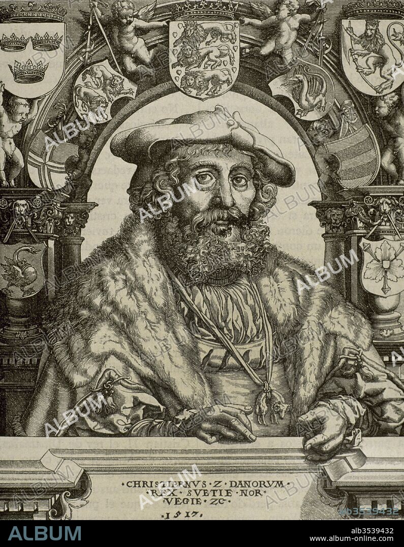 Cristian II "el Tirano" (Nyborg, 1481-Kalundborg, 1559). Rey de Dinamarca y Noruega (1513-1523) y de Suecia (1520-1521). Hijo del rey Juan I de Dinamarca y de Cristina de Sajonia. Ultimo monarca que gobernó la Unión de Kalmar. Grabado de Jacob Brink (1500-1569) con las cotas de armas de Noruega, Dinamarca y Suecia.