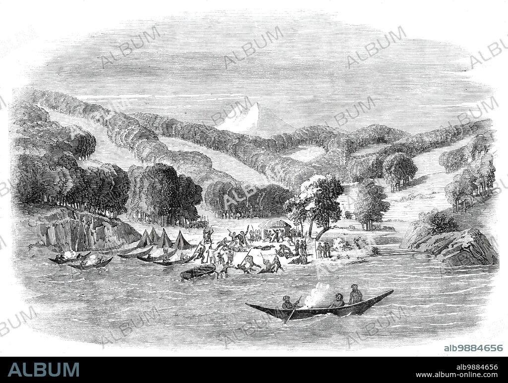 Massacre of a mission party of the "Alan Gardiner" by the natives at Woolya, Tierra del Fuego, 1860. Engraving after a sketch by Mr. Havers. In October 1859, the schooner Alan Gardiner, belonging to the Patagonian Missionary Society, returned some Fuegians to their native country, intending to '...bring back a further supply to be Christianised at the station upon Keppel Island (West Falkland)...the Alan Gardiner...landed some of the natives, who were searched before going over the ship's side, a proceeding that had on a former occasion given grave offence at Keppel, where the injured party vowed vengeance, made signs that they would cut the throats of some persons, and threatened to "put 'em in the ground'' some day...Many canoes were arriving daily (a very unusual circumstance), and by Sunday, November 6, the assemblage of natives - men, women, and children - amounted to near 300. Several of the crew...became uneasy and apprehensive at the threatening aspect and increasing numbers of the natives...seven of the Europeans were seen rushing out of the hut followed by natives, and the groups of natives outside joined in an attack commenced with stones, and quickly terminated by clubs and other weapons...'. From "Illustrated London News", 1860.