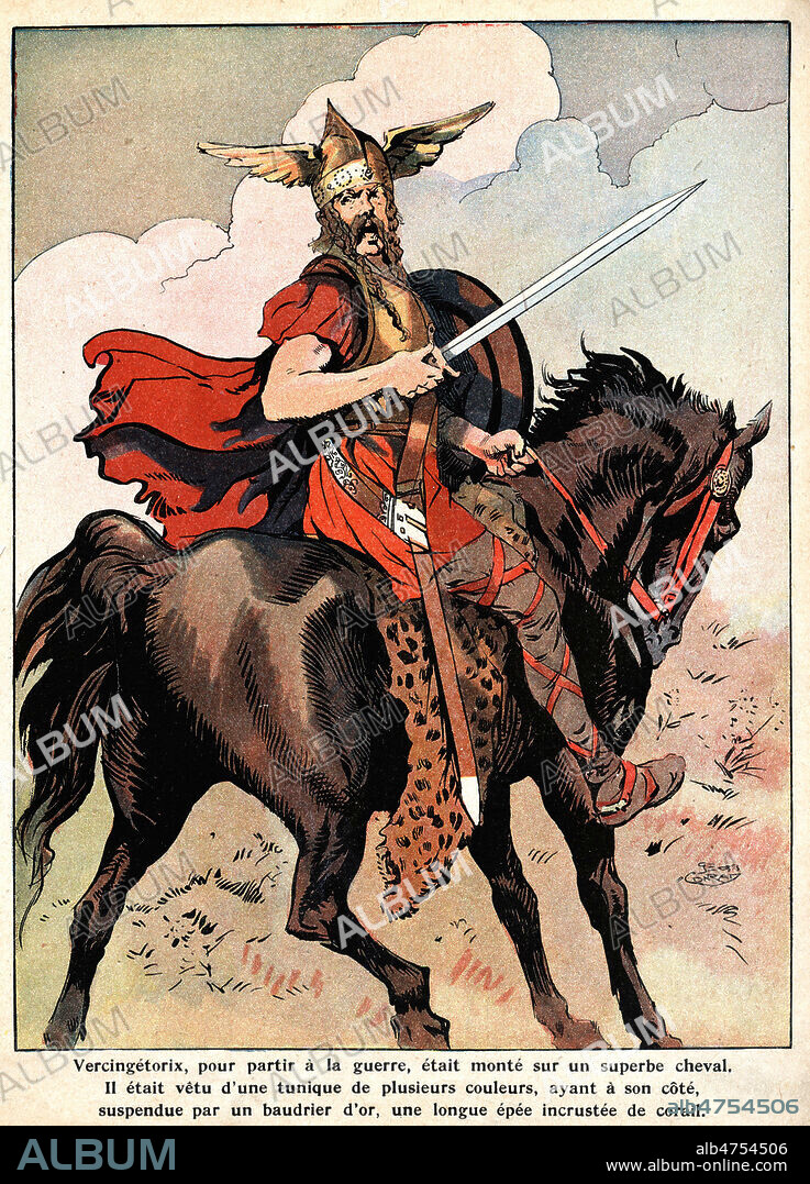 VERCINGETORIX (-72 a-46) pour partir a la guerre etait monte sur un superbe cheval. Il etait vetu d'une tunique ayant suspendue par un baudrier d'or une longue epee incrustee de corail. Illustration vers 1920 par Georges CONRAD (1874-1936) pour Vercingetorix de la serie des Gloires nationales. Credit : Coll. Jonas/KHARBINE-TAPABOR.