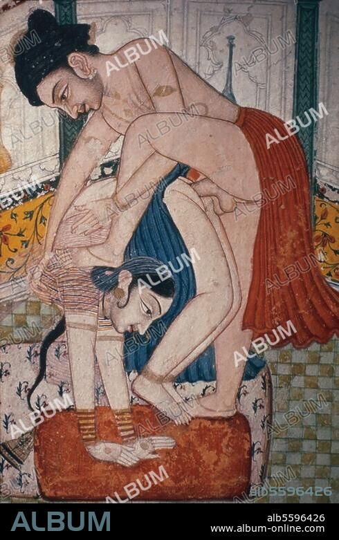 Indische Miniatur, Schule von Mewar, Rajasthan.-Liebespaar.-/ Ausschnitt. Illustration zum Kamastura. (Kamasutra, "Leitfaden der Erotik"; altindisches Lehrbuch der Liebeskunst des Brahmanen Mallanaga Vatsyayana, 4.Jahrhundert n.Chr., mit Beschreibungen der Stellungen beim Geschlechtsverkehr). Gouache auf Papier. Jodhpur, ...
