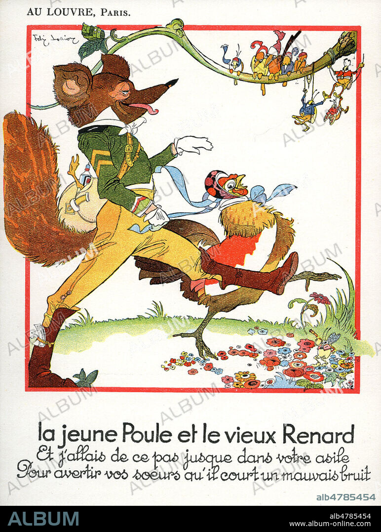 Et j'allais de ce pas jusque dans votre asile pour avertir vos soeurs qu'il court un mauvais bruit. Illustration de Felix LORIOUX (1872-1964) pour La jeune Poule et le vieux Renard : Fable de FLORIAN (1755-1794). ADAGP. Credit : Collection Kharbine-Tapabor.