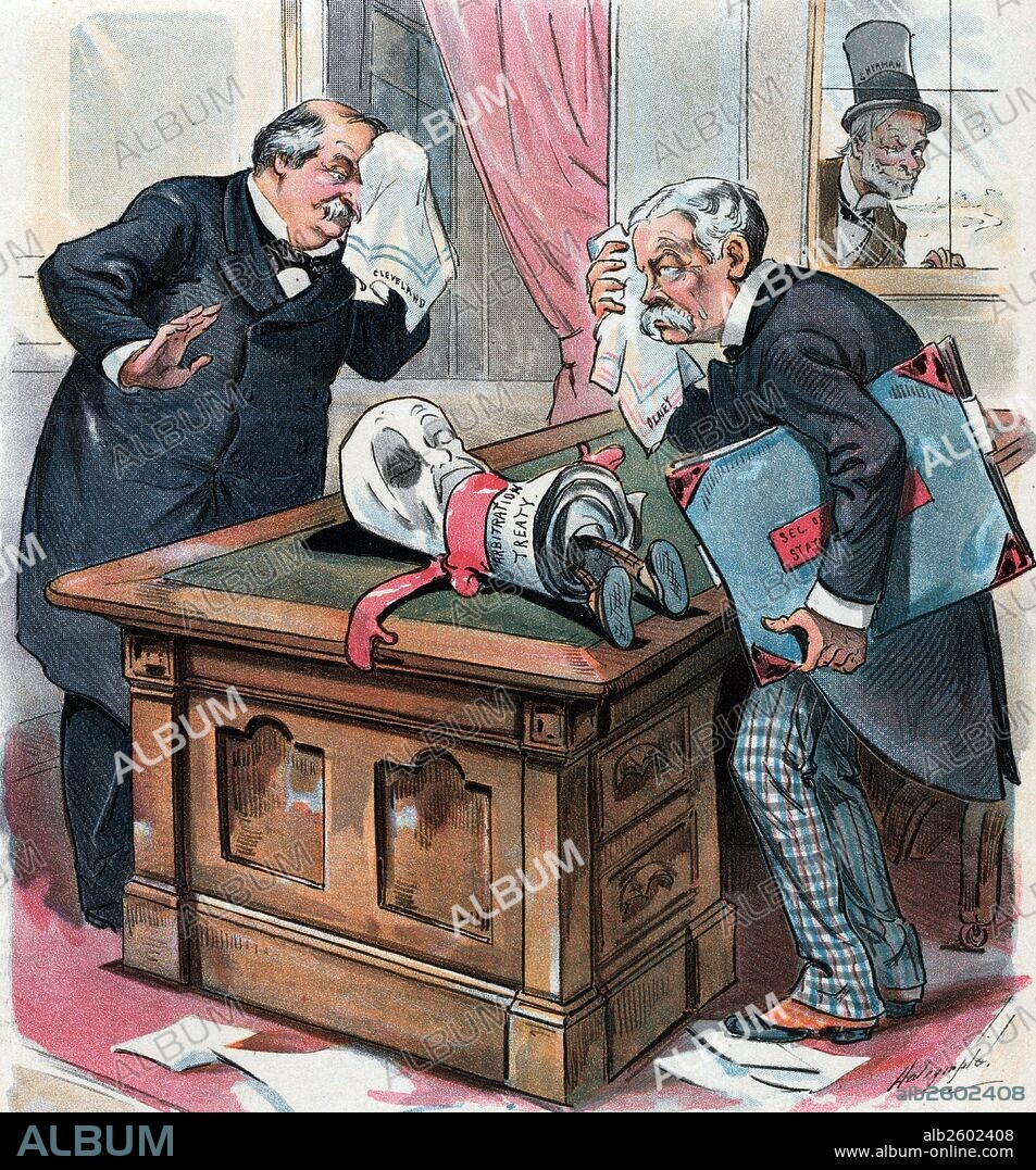 "Poor thing! they have taken the life out of it!"' Lame duck president Grover Cleveland and Secretary of State Richard Olney looking at a knocked-out document labelled "Arbitration Treaty" lying on a desk between them; John Sherman is looking in through a window in the background.