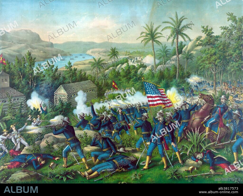 Entitled: "The Battle of Quasimas (sic) near Santiago June 24th, 1898. The 9th and 10th colored cavalry in support of rough riders." The Battle of Las Guasimas was a Spanish rearguard action by Major General Antero RubÃ­n against advancing columns led by Major General "Fighting Joe" Wheeler, and the first land engagement of the Spanish-American War. The battle unfolded from Wheeler's attempt to storm Spanish positions at Las Guasimas de Sevilla, in the jungles surrounding Santiago de Cuba, with the 1st U.S. Volunteer Cavalry and the 10th Regular Cavalry. After halting the American advance, the Spanish resumed their withdrawal towards Santiago. The battle had cost U.S. forces 17 dead and 52 wounded, while Spanish forces suffered seven dead and seven wounded. The Spanish-American War was a conflict in 1898 between Spain and the United States, the result of US intervention in the Cuban War of Independence. Kurz & Allison lithograph, 1898.