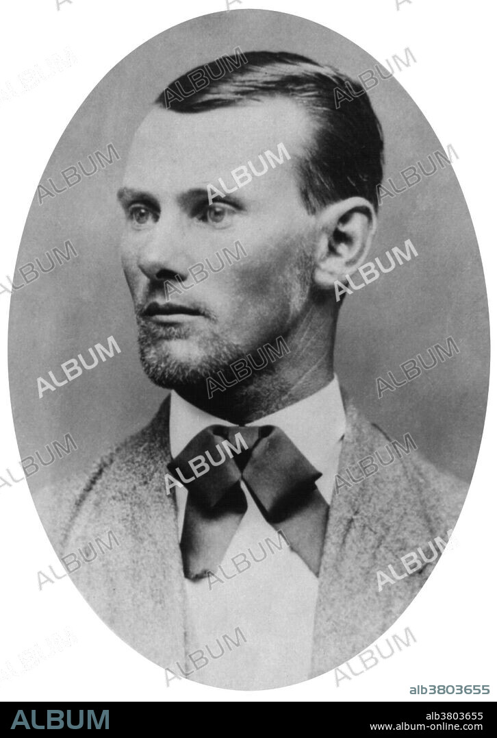 Jesse Woodson James (September 5, 1847 - April 3, 1882) was an American outlaw, gang leader, bank robber, train robber, and murderer from the state of Missouri and the most famous member of the James-Younger Gang. Already a celebrity when he was alive, he became a legendary figure of the Wild West after his death. Jesse and his brother Frank James were Confederate guerrillas, or Bushwhackers, during the Civil War. They were accused of participating in atrocities committed against Union soldiers, including the Centralia Massacre. After the war, as members of various gangs of outlaws, they robbed banks, stagecoaches, and trains. The James brothers were most active with their gang from about 1866 until 1876, when their attempted robbery of a bank in Northfield, Minnesota resulted in the capture or deaths of several gang members. They continued in crime for several years, recruiting new members, but were under increasing pressure from law enforcement. On April 3, 1882, Jesse James was killed by a member of his own gang, Robert Ford, who hoped to collect a reward on James' head. No date or photographer credited.