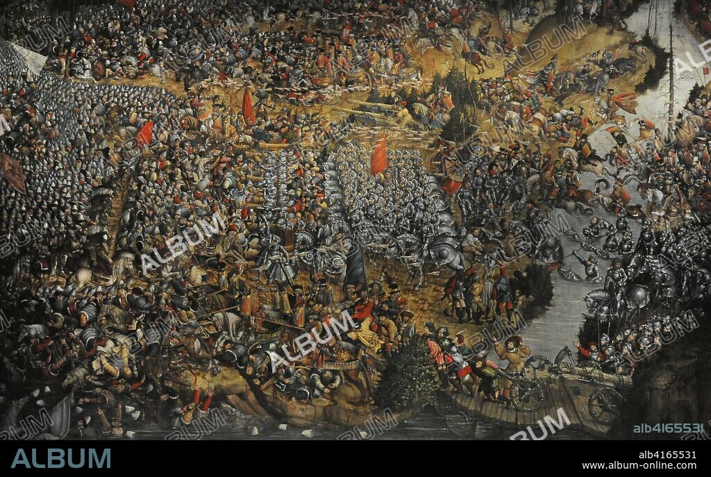 Guerras moscovito-lituanas. Cuarta Guerra. Batalla de Orsha (8 de septiembre de 1514). Enfrentamiento entre el Gran Ducado de Lituania y el Reino de Polonia contra el Gran Ducado de Moscú. Pintura con la representación de la batalla, atribuída al Círculo de Lucas Cranach el Viejo (1472-1553), probablemente a Hans Krell (h.1490-1565), activo en Sajonia. Museo Nacional de Varsovia. Polonia.